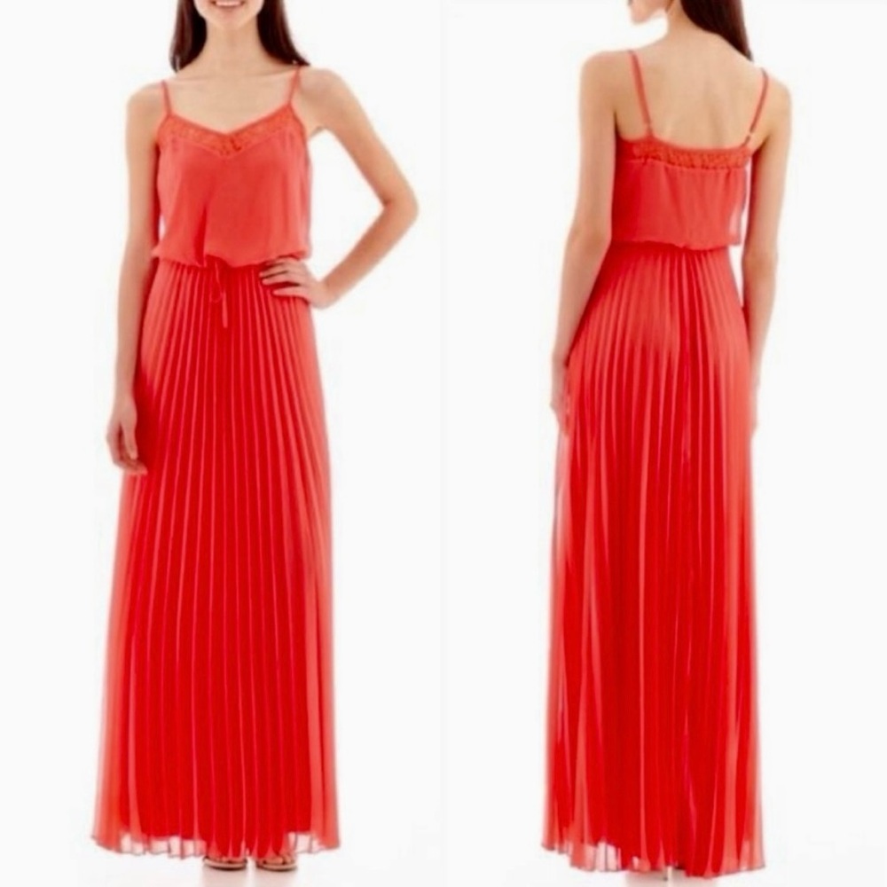 Bisou Bisou Vibrant Coral Lace Maxi Dress